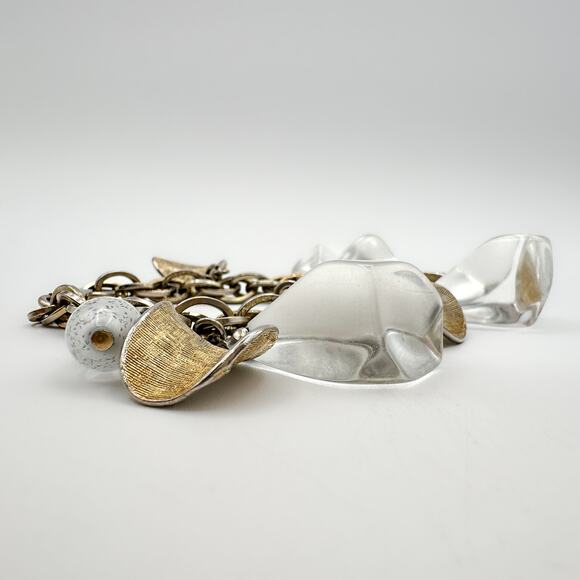 Coro 1960s Charm Bracelet Lucite Moon Rock Textured Gold Plate Double Link - Picture 12 of 12